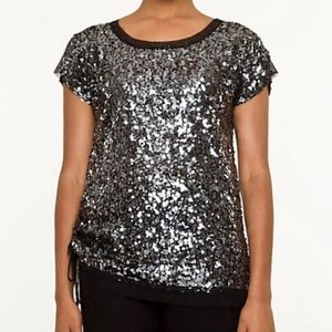 LE CHATEAU Black & Shiny Gray Sequin Mesh T-Shirt Top